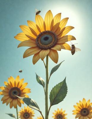 Primary subject: A yellow sunflower with a bee on it.

Setting/background: The sunflower is in a field with other sunflowers.

Visual style: The image is a digital artwork.

Colors and mood: The dominant colors are yellow and orange, creating a warm and vibrant atmosphere.